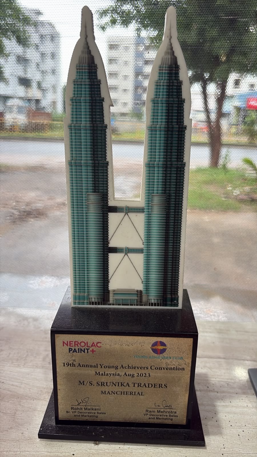 Nerolac Young Achievers Club trophy shaped like the Petronas Towers, 19th Annual Young Achievers Convention, Malaysia, August 2023, M/S. Srunika Traders, Mancherial