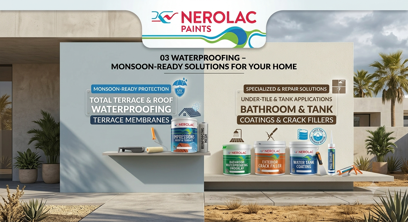 Nerolac waterproofing range — terrace and roof membranes, bathroom underlay, crack filler and water tank coating