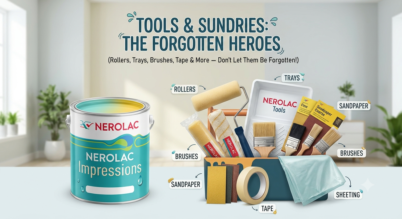 Painting tools and sundries — rollers, trays, brushes, sandpaper, tape and sheeting